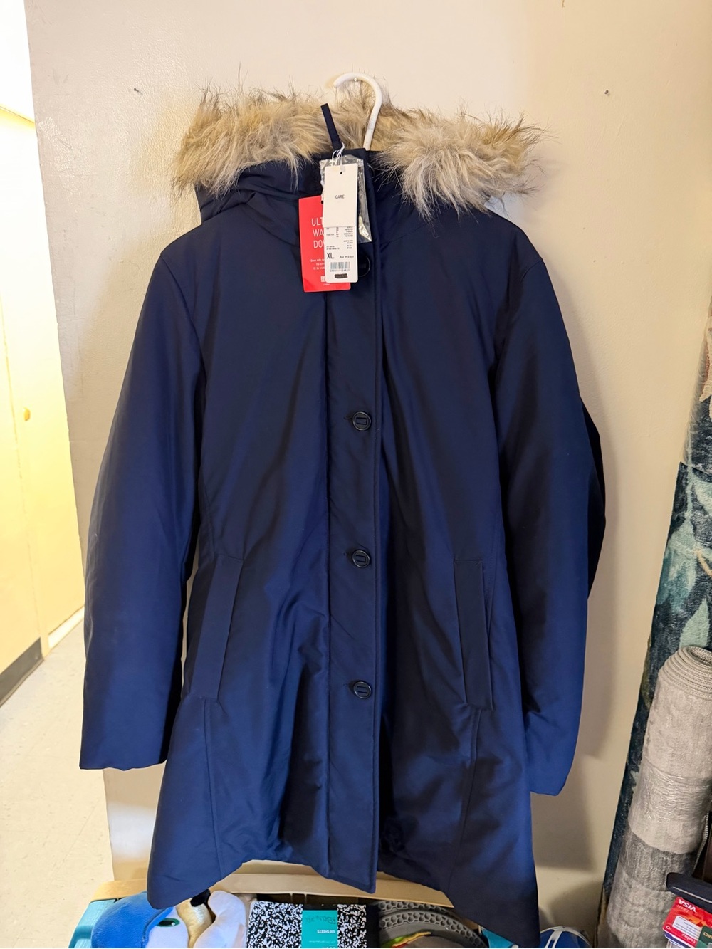 Uniqlo Navy Pea Coat with Faux Fur Trim Hood Women’s Size XL